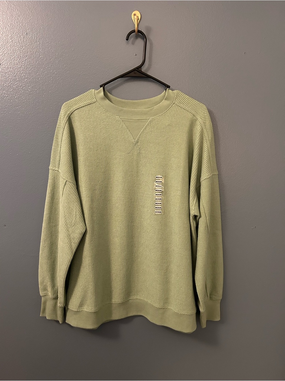 Oversized Green Ribbed Thermal Crewneck Sweatshirt